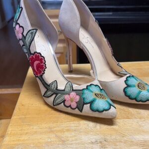 Jessica Simpson Floral Embroidered Heels - Cream and Multicolor